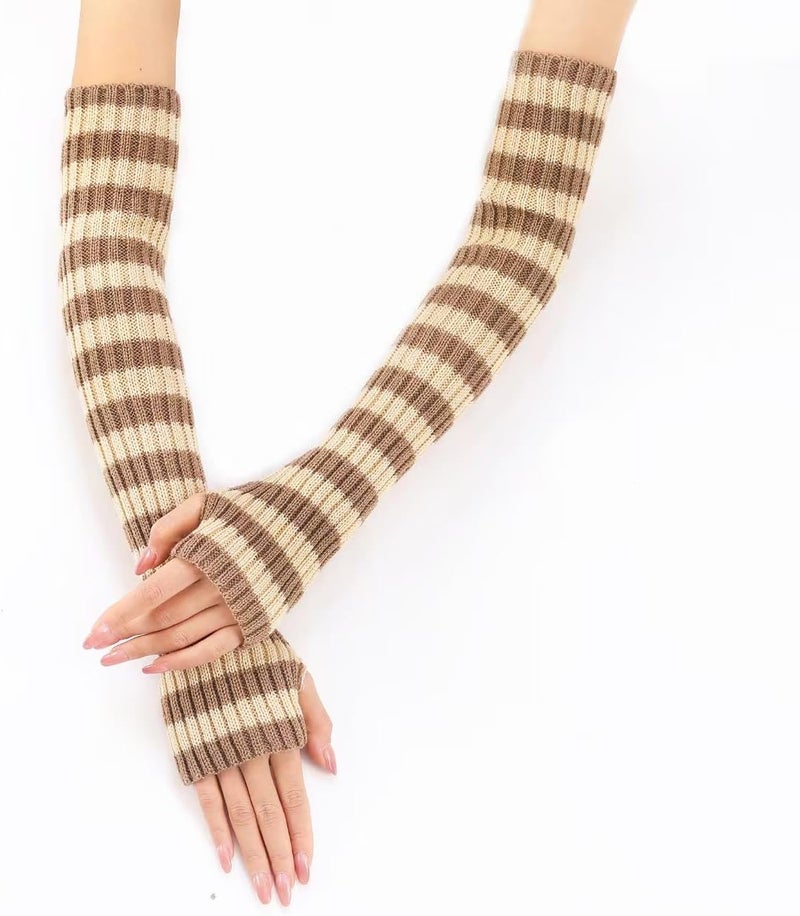 Sumleno Long Fingerless Gloves Knitted Y2k Striped Arm Warmers for Women Girls Punk Gothic Emo Scene Grunge Accessories - Image 4